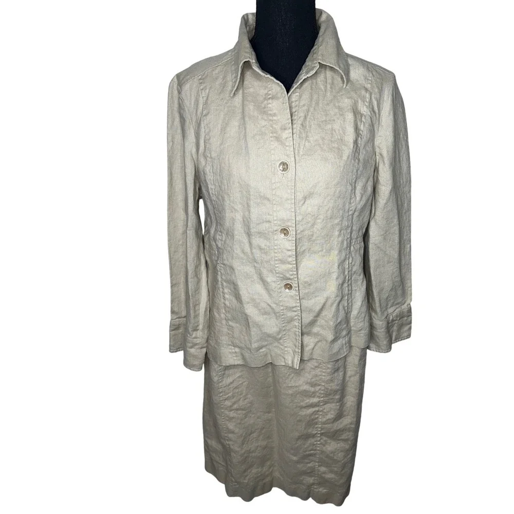 Rafaella Women Linen Suit‎ Blazer Skirt Set Beige Size 14